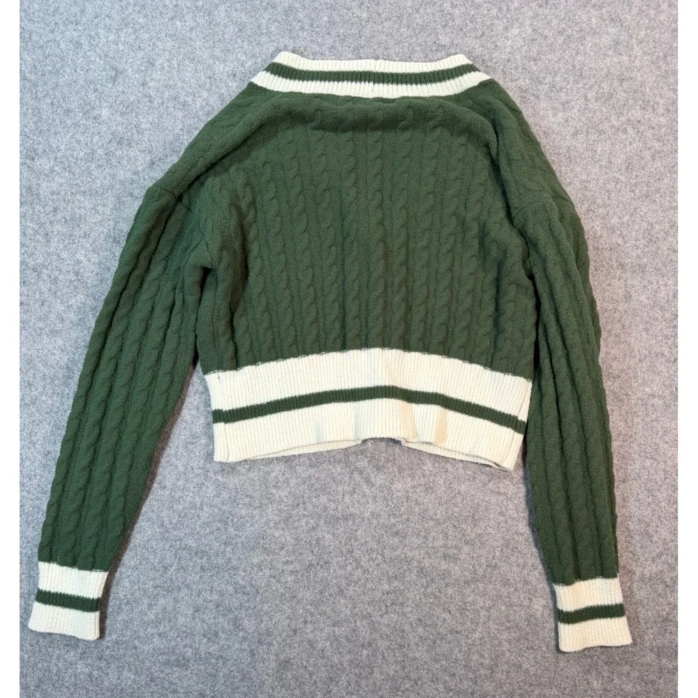 Threaded Leaf Womens Green Cable Knit Varsity Cropped Cardigan Gold Buttons M